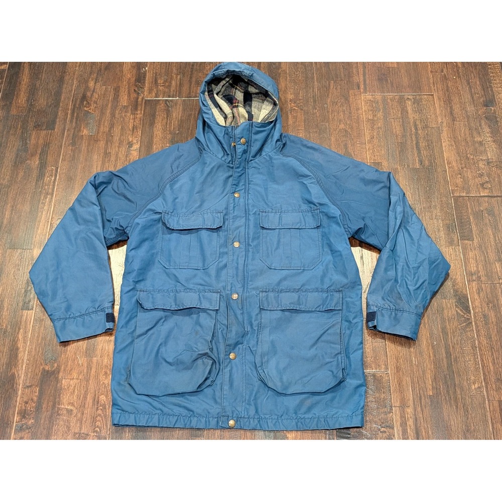 Woolrich Jacket Mens Med Blue Hooded Mountain Parka Wool Plaid Lined Pockets Zip